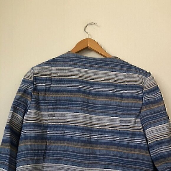 LAUNDRY BY SHELLI SEGAL Blue White Tan Striped Tweed Open Front Blazer Jacket 14 - Picture 10 of 11